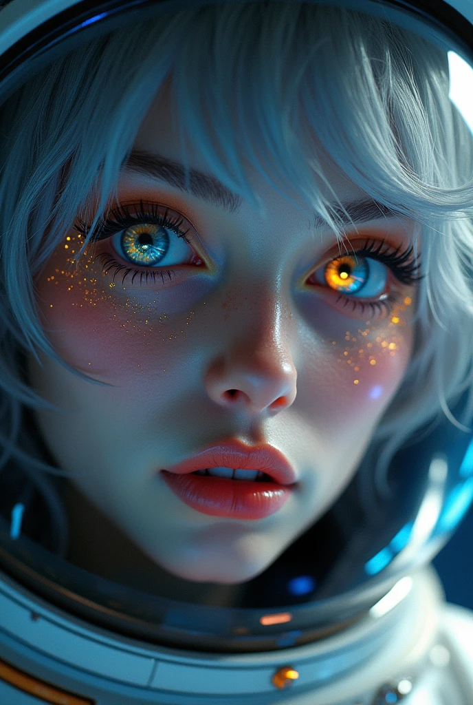 (Close-up of a better masterpiece:1.5)0.9], (Space and astronauts:1.2) (Messy silver hair:1.1) (Heterochromia xanthochromia and blue eyes:1.2) (Space Helmet:1.0) (Colored stars in the eyes:1.0) (A radiant glow:1.1) (thick lips:0.9)