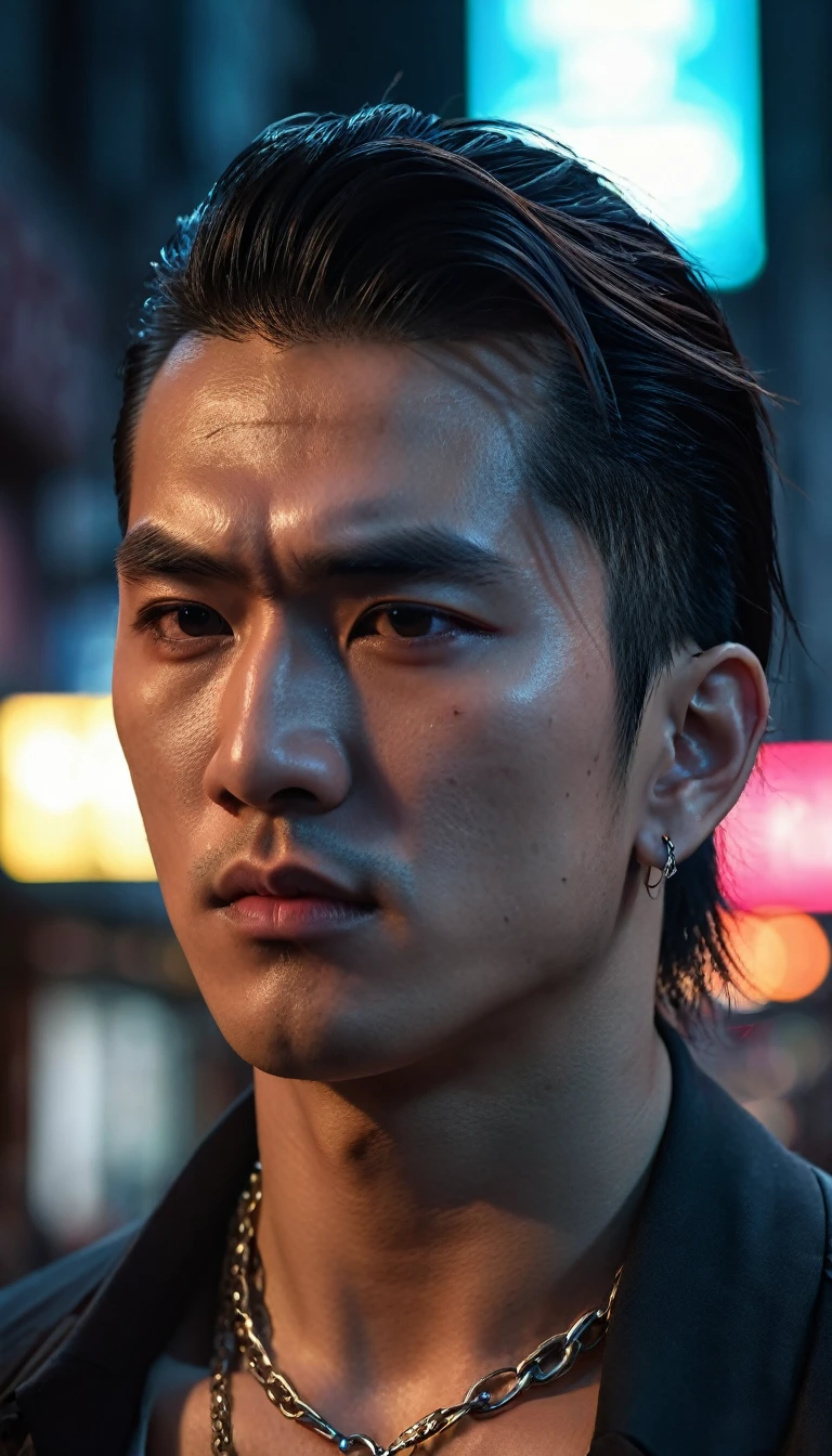 ((Close-up)), male vampire, half human, half beast, extremely handsome, 15 years old, muscular, tight, wearing a necklace, high ponytail, street scene, gangster style, romance, Hong Kong cinema. Eyes filled with sadness and longing. Cinematic light, high detail, 8k, artstation, artistic concept, any virtual darkness. Photo taken with Canon EOS R5 85mm f/11 camera, ((sharp)) mode. Image quality ((8K)), ((realistic)), ((masterpiece)), ((sharpest and highest contrast)), ((amazing depth of field)), ((stereoscopic light)), detailed pore defect, ((looking straight at the camera))