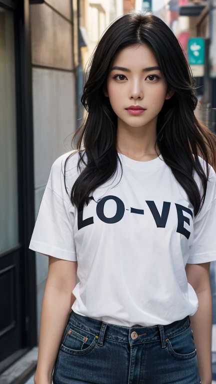 1 female, Japanese, The logo on the chest reads LOVE, Black T-shirt,jeans, Realistic, photograph, Posing, real photograph, Street