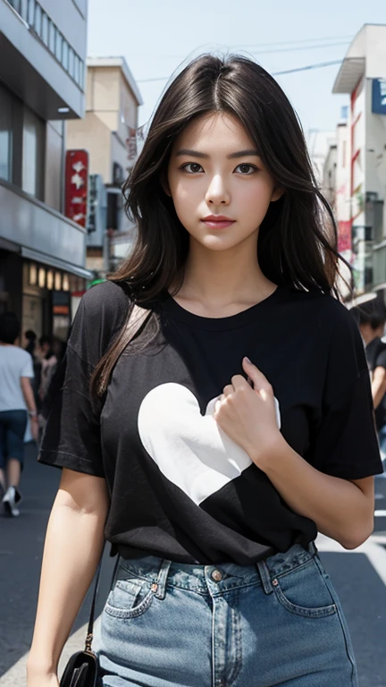 1 female, Japanese, The logo on the chest reads LOVE, Black T-shirt,jeans, Realistic, photograph, Posing, real photograph, Street