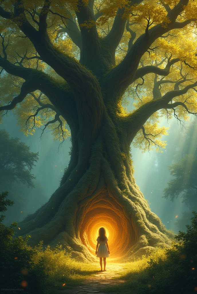 "A majestic tree in the heart of the forest, larger and more magnificent than all the others. Its leaves shimmer like gold in the sunlight, and the bark is smooth and glowing faintly with magic. The tree is surrounded by a soft, golden aura, and tiny sparkles float in the air around it. Lily stands in front of the tree, looking up with wide eyes full of amazement. The tree’s branches seem to gently reach out toward her."