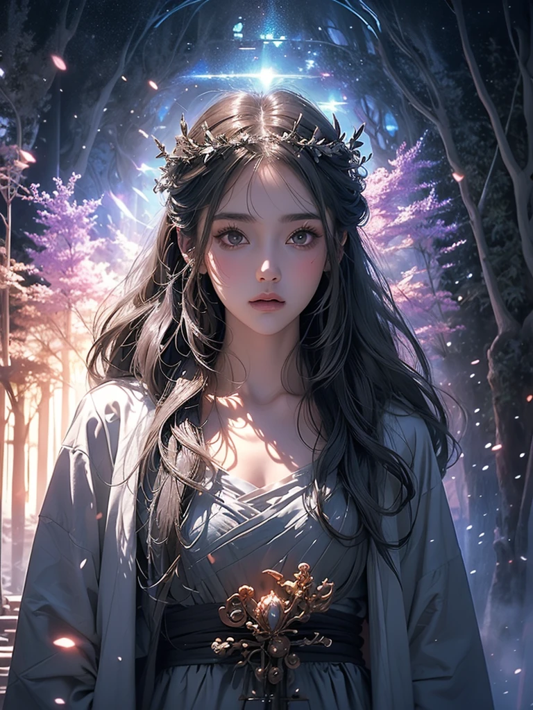 Beautiful girl in a transparent gray robe standing in a dark forest, Magnificent style, Octane Rendering, Desert Composition, Beautiful Face, Detailed face, Surreal, Oil on canvas, Awards, artwork, Art Station Trends, Studio Ghibli, Close-up of a girl