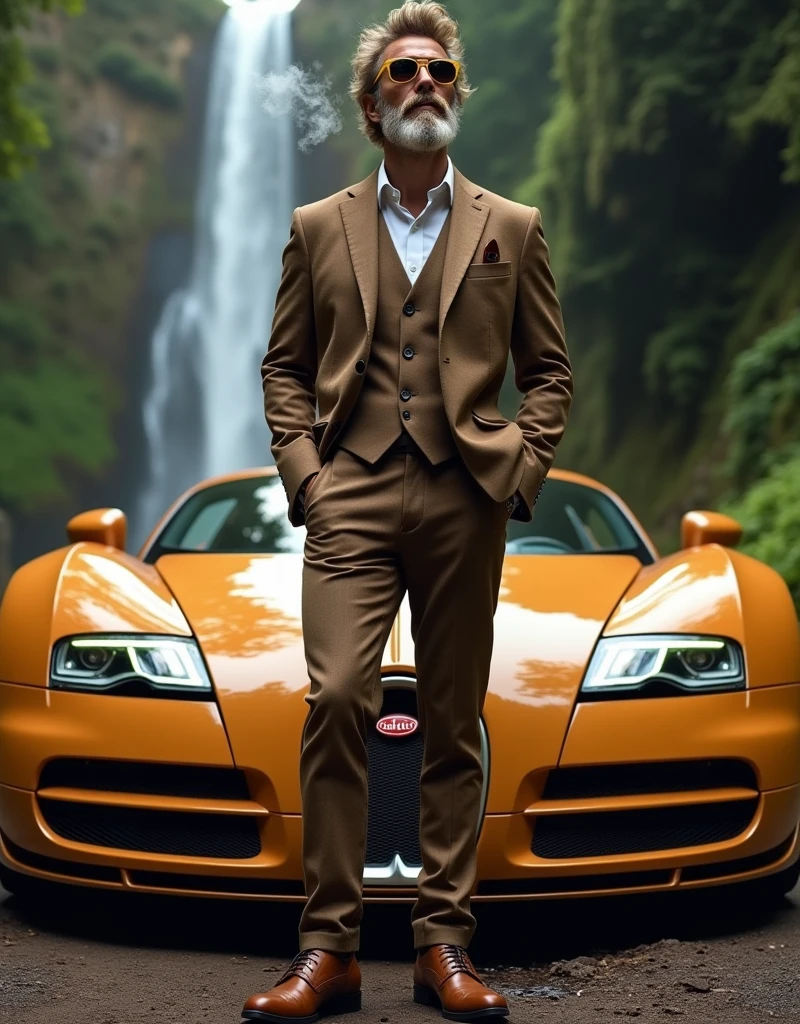 realistic photography style with text at the top that reads "Oregon life is great!" below the text is a man standing in front of a bugatti veyron. The man is dressed in a brown suit with a white shirt and brown leather dress shoes, and he has dirty blonde wavy well groomed cut hair his face has a well-groomed Beard and mustache same color as his hair , he is wearing tan sunglasses and he is smoking a joint the smoke trails waft around his head. The car is Tan with bright neon golden headlights. The background shows a waterfall and lush greenery, suggesting a natural and possibly exotic location. The overall impression is one of wealth and sophistication. , retina, accurate, masterpiece, super detail, high details, best quality, award winning, highres, HD, 4K, 8k, 16k, retina, accurate, masterpiece, anatomically correct, textured skin, super detail, high quality, award winning, highres, 8k, 16k