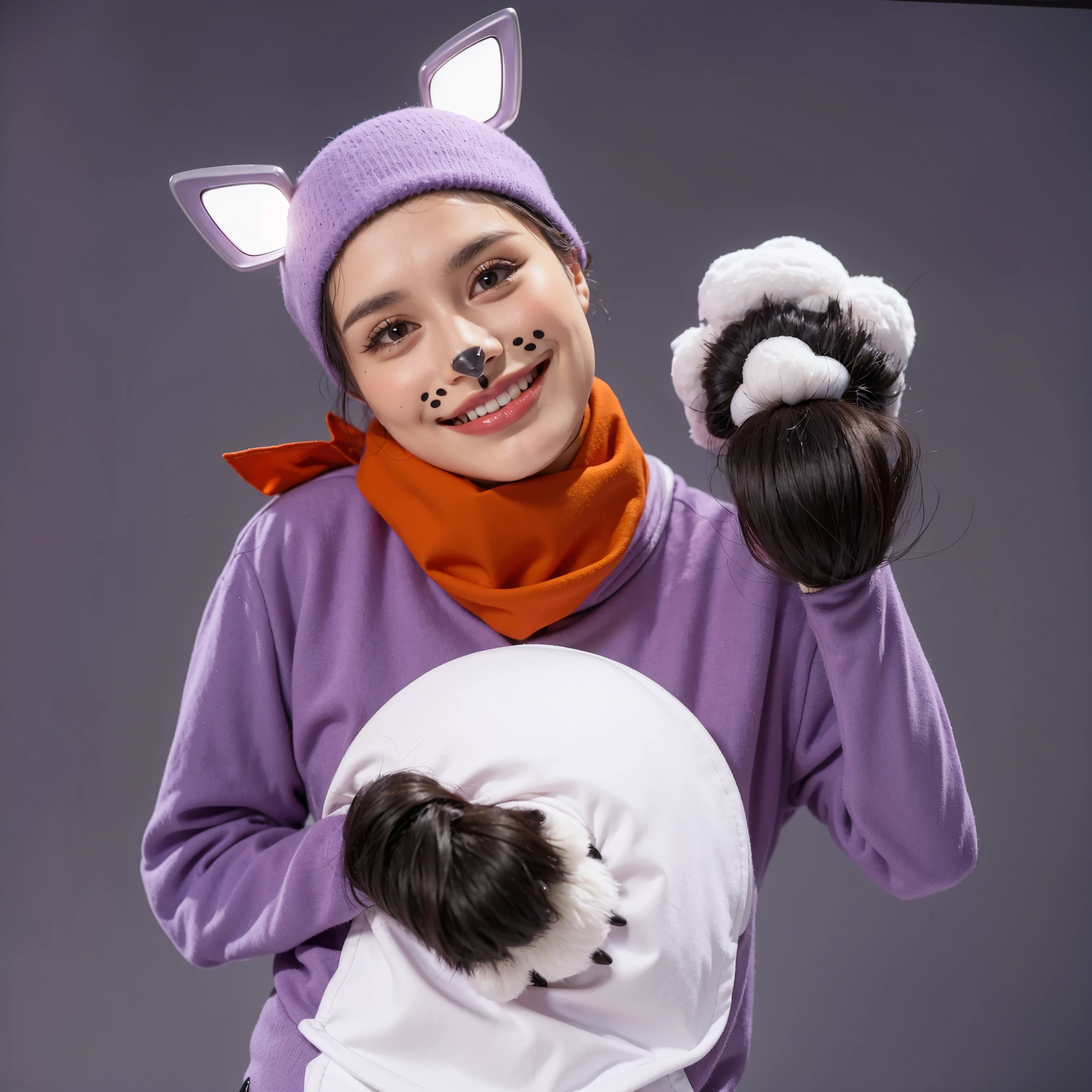 This image features a person playfully dressed in a cat costume. They are wearing a lavender hood with white and purple ears, accented with an orange scarf. The costume includes a face painted with whiskers and a small nose to mimic a cat's features. They are also wearing gloves designed to look like cat paws, showing off a raised paw towards the camera. The costume is complete with a round, plush body suit, and the person is smiling warmly, enhancing the playful, fun character of the outfit. The purple background complements the costume, creating a vibrant and engaging scene. This environment, while visually striking, evokes feelings of unease and anticipation, suggesting a narrative of suspense and control. (glossy plastic texture with multiple big light probe refractions), perfect cgi, smooth silhouette, high intensity refraction, (super glossy plastic material), most beautiful vfx, , realistic, 4k, high resolution, rim light, smooth 3d model, multiple light sources, rim light, sharp post effects render,, realistic, 4k, high resolution, rim light detailed digital art, reflective, best quality, 4k, masterpiece:1.2, ultra-detailed, realistic, vivid colors, The image of the highest quality, ensuring every detail showcased perfectly. It in 4k resolution, allowing viewers to immerse themselves in the richness of the colors and intricate details. The realistic rendering. under the spotlight, reflecting, high-resolution image, realistic rendering