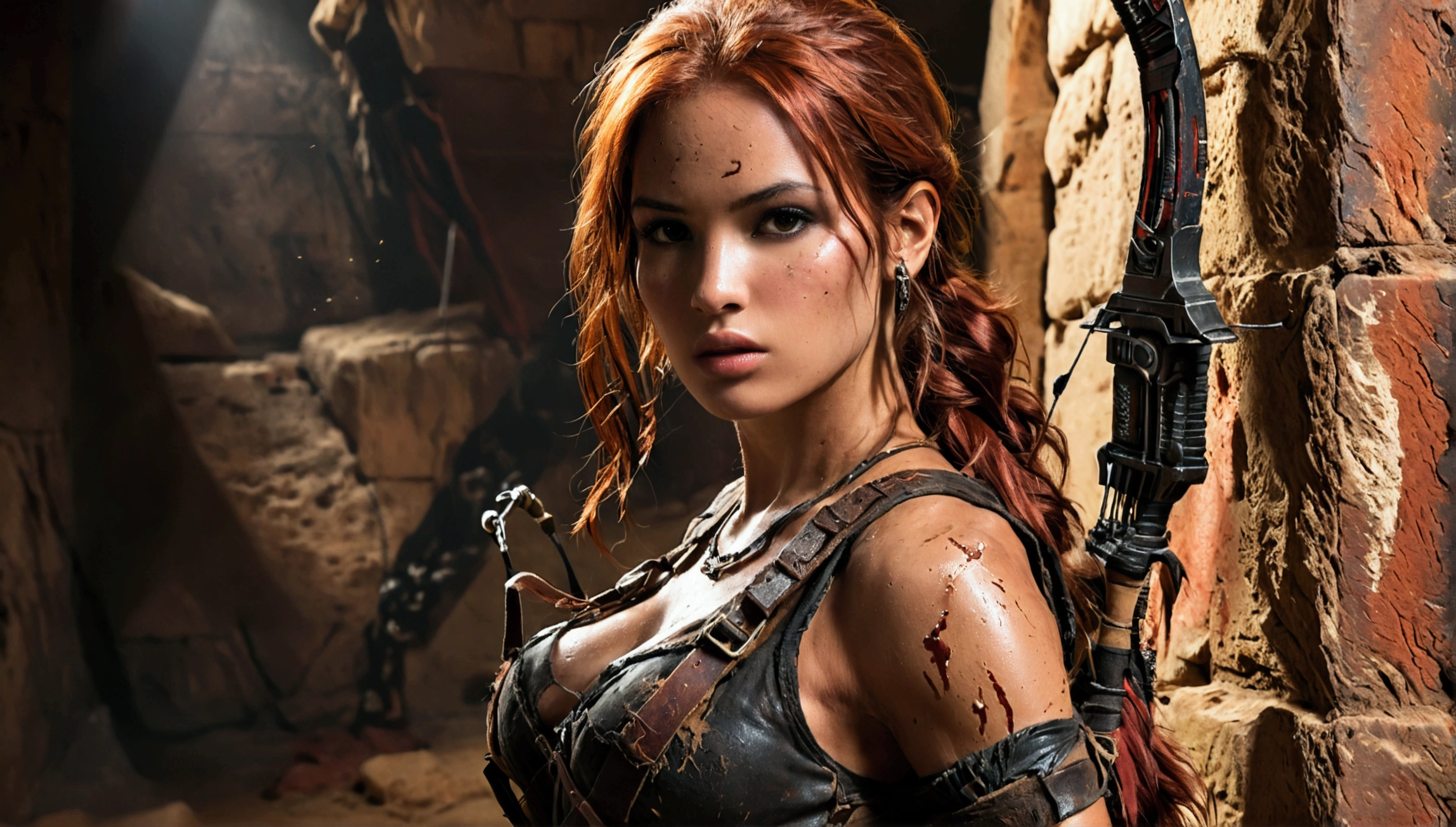 (full body shot:1) photorealistic image of a (standing pose:1) woman, ultrarealistic, photography, long red hair, woman, 24 years old, hourglass figure, perfect body, Flirty look, natural medium breasts, blur background, Full body picture, Lara Croft costume with slightly shiny tanned skin dressed in a Lara Croft outfit, with a very ripped and torn blouse with a plunging neckline, pushed down over her right shoulder; pitchblack dark room inside of a large Egyptian pyramid. Her skin and clothes are dirty with mud. A large dark menacing shadow moves in the background, she has small bloody scratches on her body, she wears brown boots, she is armed with a bow and arrows, sideview, side view, action shot, cinematic shot