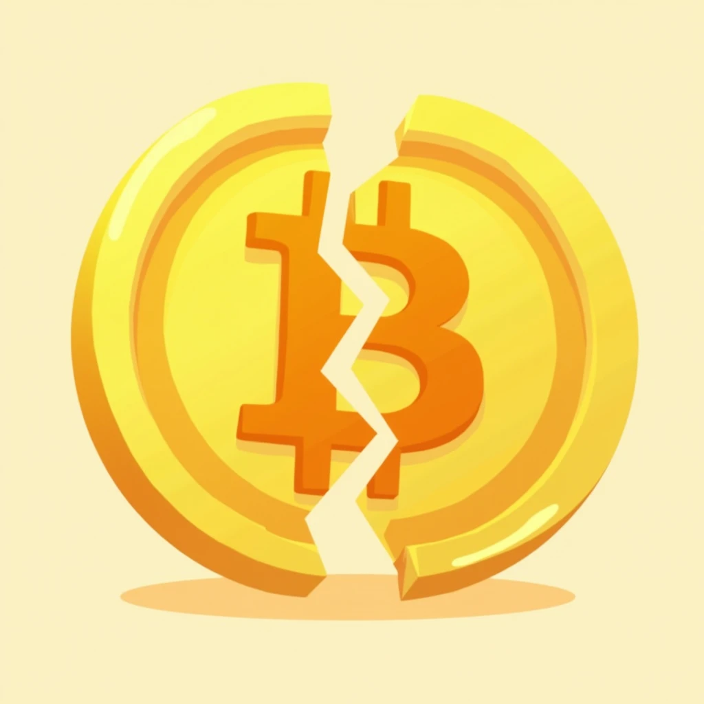 Design two Bitcoins in a playful, cartoon-like style, matching the 'Bitcoin Crush' logo's funky, colorful theme. Use only two to three colors for simplicity, with a golden yellow (#FFD700) as the primary color for the coins.
The first Bitcoin should be whole, with a bold, simplified 'B' logo in the center. The design should be flat and fun, with smooth, rounded edges and a slight 3D effect that matches the playful, exaggerated style of the game logo.
The second Bitcoin should be identical to the first but cracked down the middle. The crack should be bold, with both halves slightly separated, maintaining the same cartoonish style. The cracked Bitcoin should look like it’s split apart in a fun, exaggerated way, keeping the same color palette and visual style as the whole coin.
Both designs should have a transparent background, and the colors should be balanced and cohesive, avoiding any realistic shading or texturing. The focus is on a simple, eye-catching, and consistent design that fits perfectly with the 'Bitcoin Crush' theme.