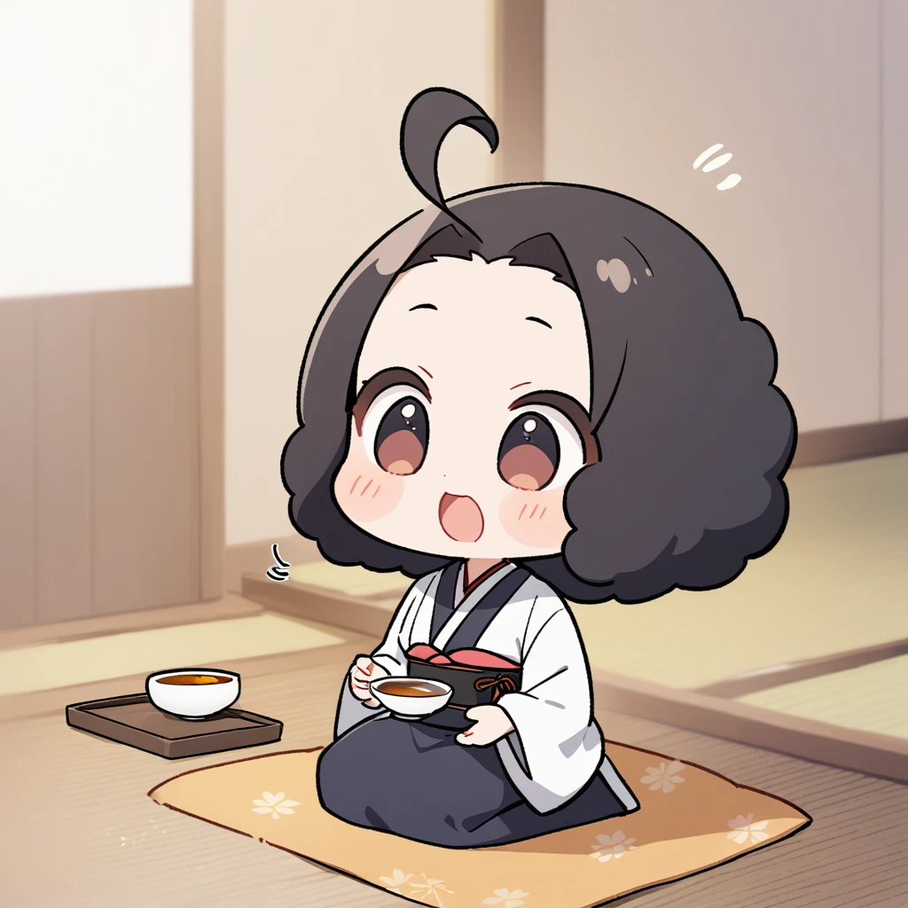 A girl with an afro in a kimono sits in seiza position、Offering Japanese tea、Chibi Character、Ahoge、Black Hair、yurukawa