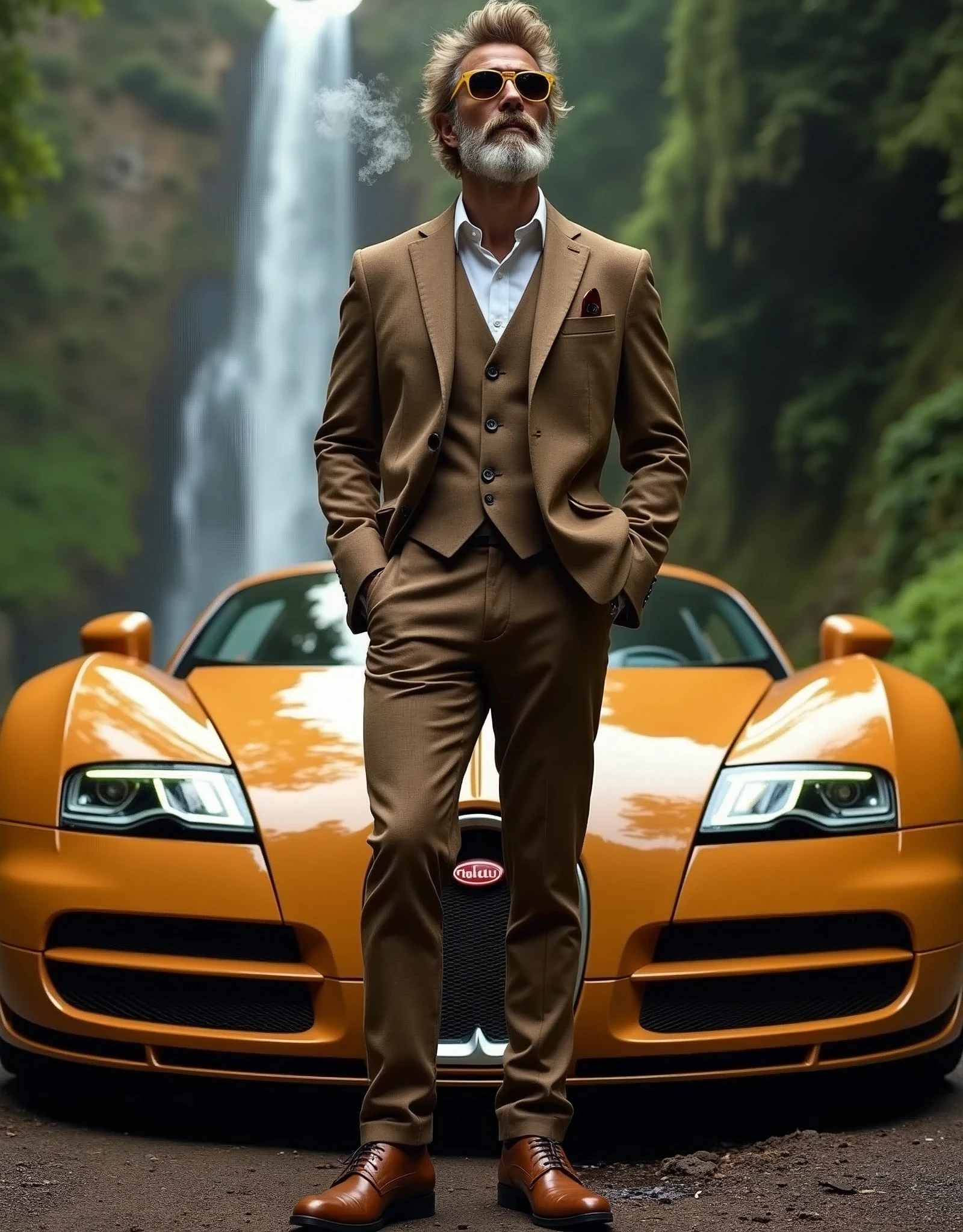  realistic photography style with text at the top that reads "Oregon life is great!" below the text is a man standing in front of a bugatti veyron. The man is dressed in a brown suit with a white shirt and brown leather dress shoes, and he has dirty blonde  wavy well groomed cut hair his face has a well-groomed Beard and mustache same color as his hair , he is wearing tan sunglasses and he is smoking a joint the smoke trails waft around his head. The car is Tan with bright neon golden headlights. The background shows a waterfall and lush greenery, suggesting a natural and possibly exotic location. The overall impression is one of wealth and sophistication. , retina, accurate, masterpiece, super detail, high details, best quality, award winning, highres, HD, 4K, 8k, 16k, retina, accurate, masterpiece, anatomically correct, textured skin, super detail, high quality, award winning, highres, 8k, 16k