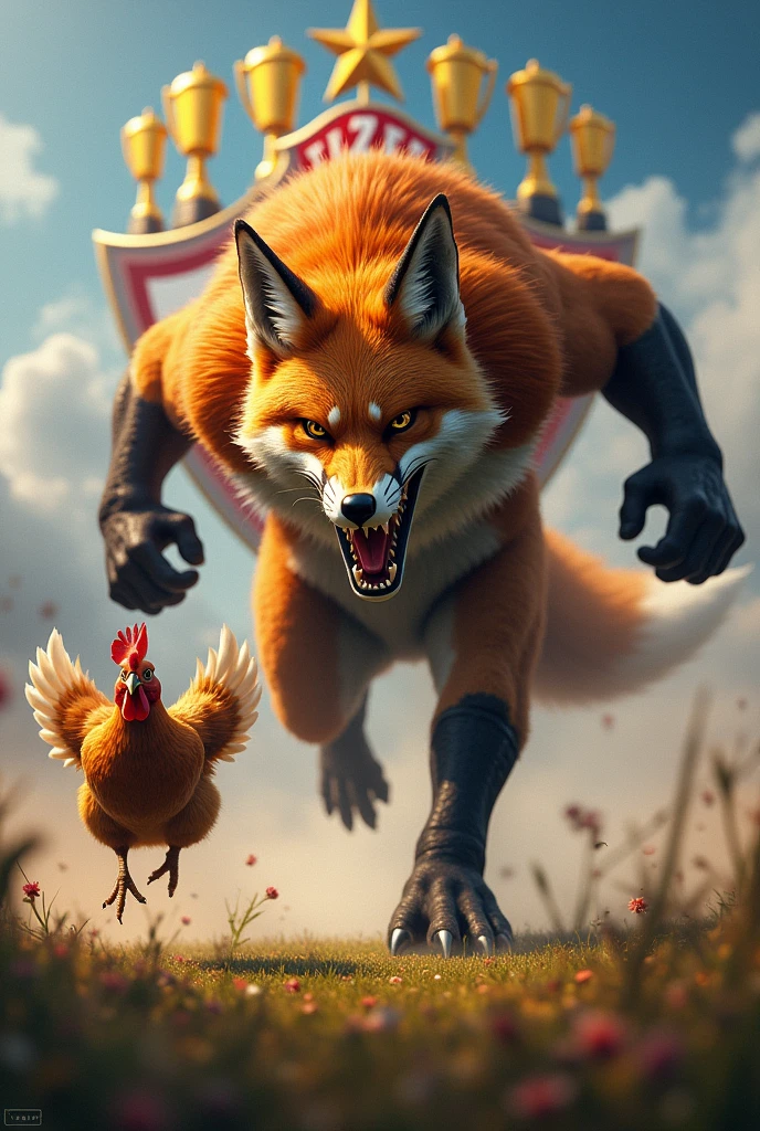 Create a big, terrifying Fox chasing a chicken. Behind the Fox you place the shield of Cruzeiro Esporte Clube and 6 Brazilian Cups