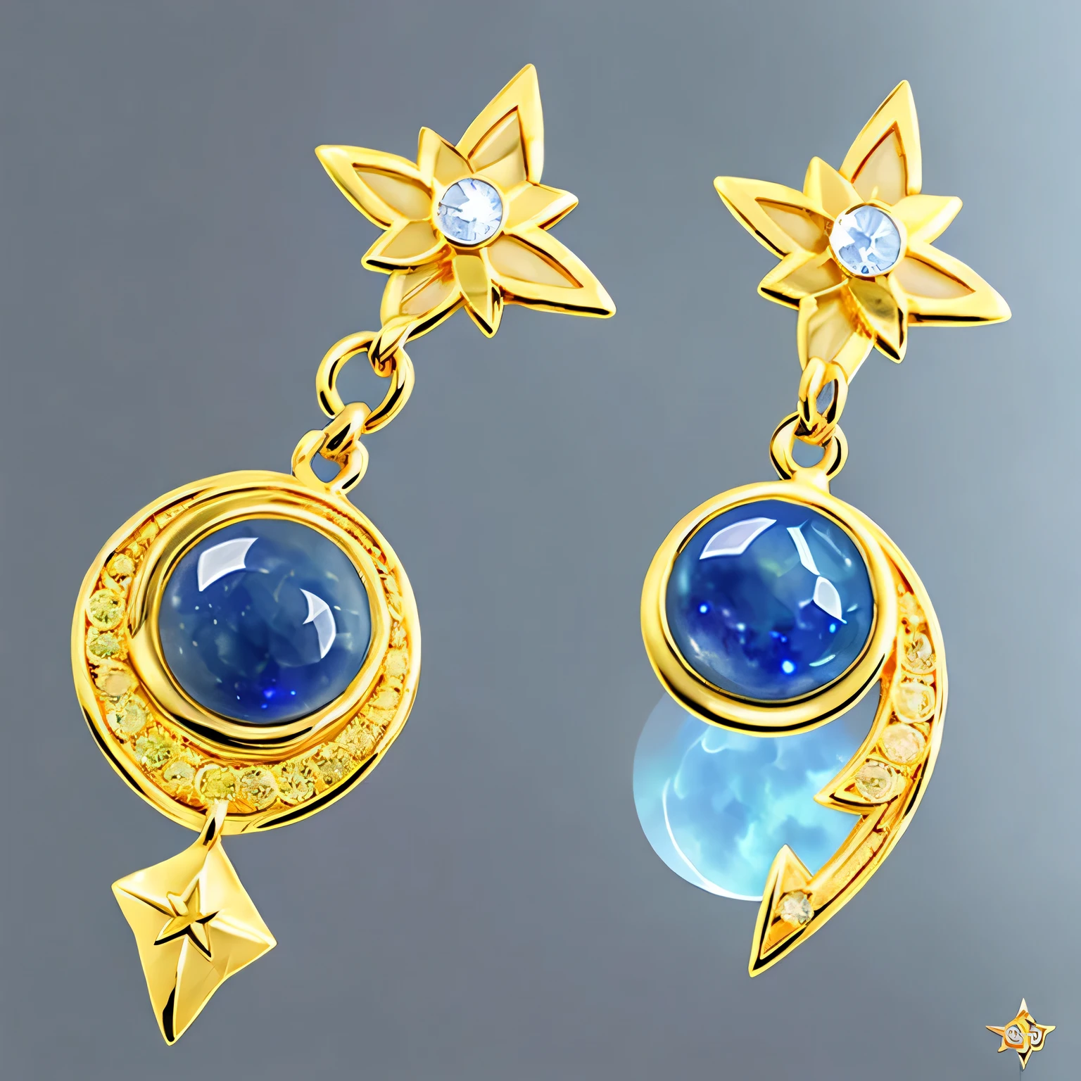 Highest quality、Ultra-realistic、Detailed Star and Moon Earrings、gold、gem