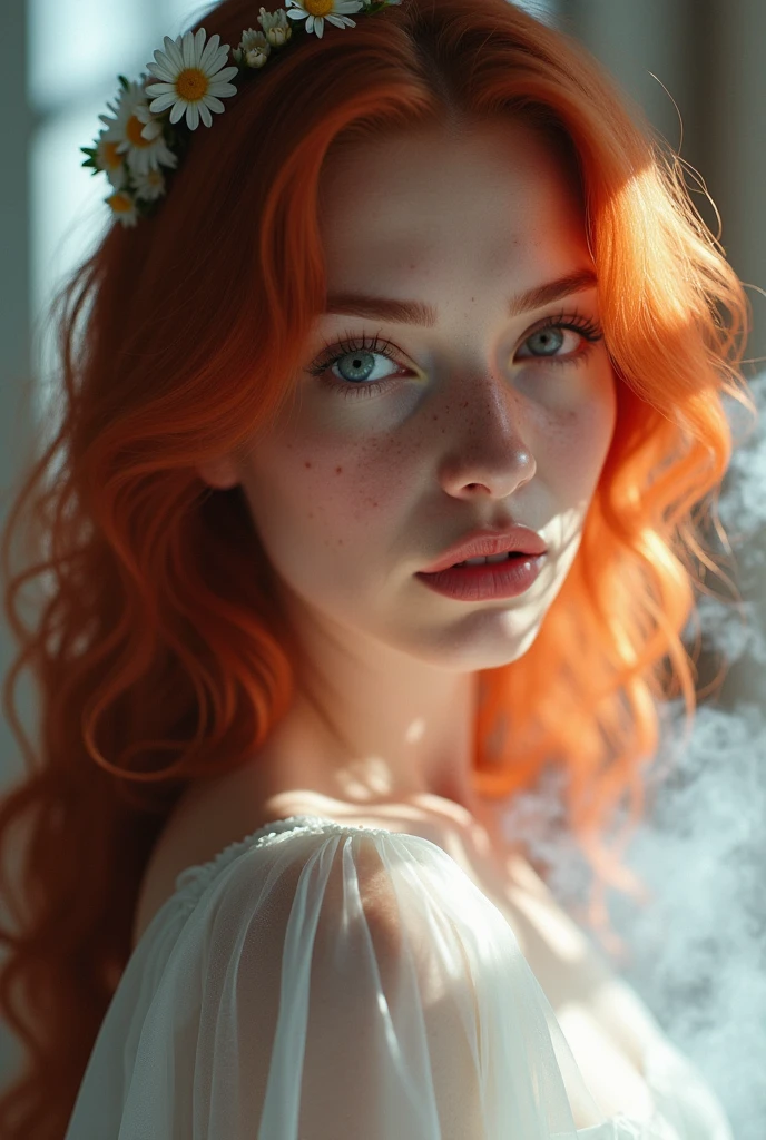 ,  redhead Woman , Freckles, only blushed flirting eyes visiblevery Detailed, awesome Quality, reflecting, luminescent, translucent, Ethereal, ,, very detailed, uhd, masterpiece, White smoke, light beams through smoke, full body