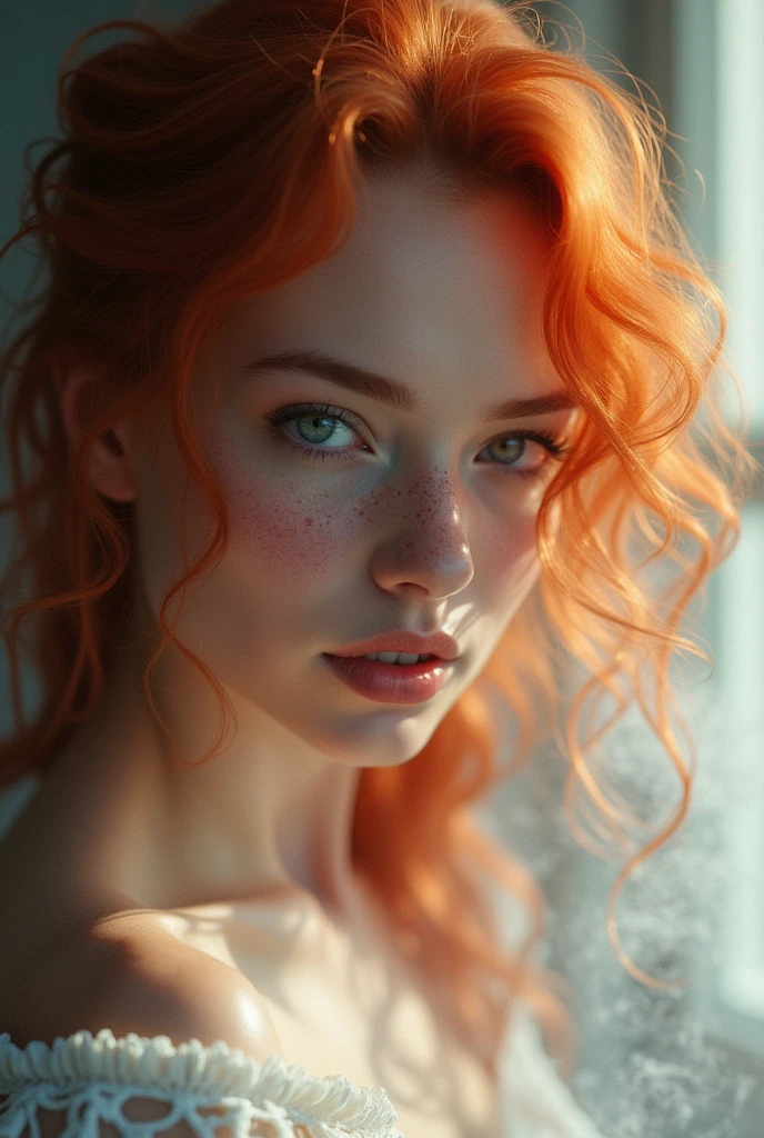 , redhead Woman , Freckles, only blushed flirting eyes visiblevery Detailed, awesome Quality, reflecting, luminescent, translucent, Ethereal, ,, very detailed, uhd, masterpiece, White smoke, light beams through smoke, full body