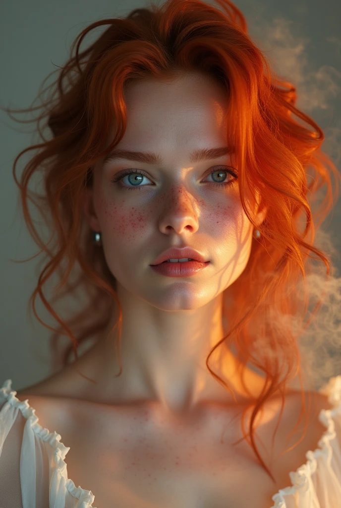 ,  redhead Woman , Freckles, only blushed flirting eyes visiblevery Detailed, awesome Quality, reflecting, luminescent, translucent, Ethereal, ,, very detailed, uhd, masterpiece, White smoke, light beams through smoke, full body
