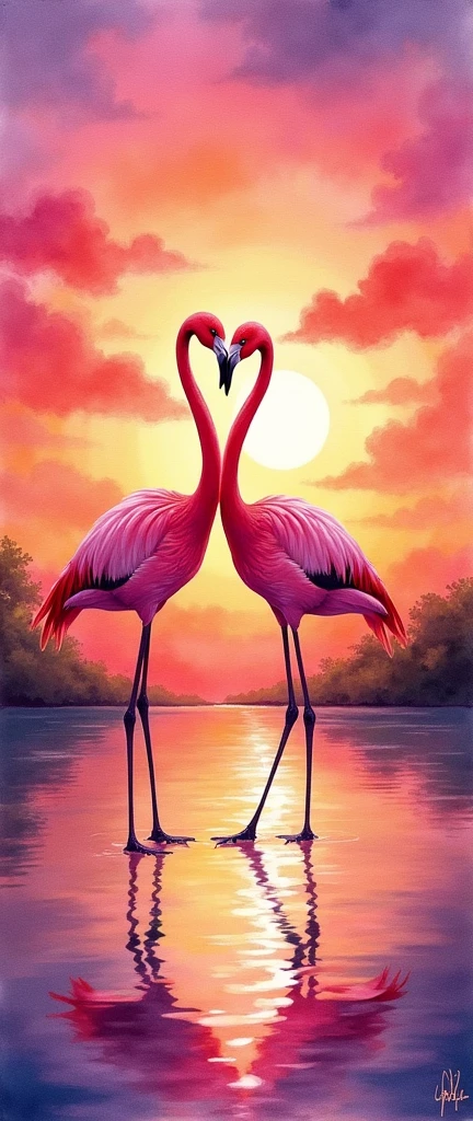 Watercolor painting of two Pink Flamingos dancing gracefully in a summer sunset, with vibrant hues of pink, orange, and purple, (Watercolor, Flamboyant art style, Vibrant colors), award-winning, masterpiece