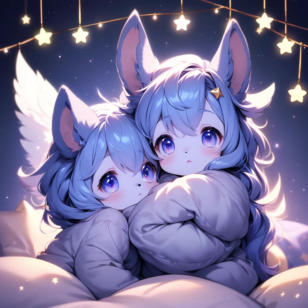 Create a cartoon illustration of a cute French Bulldog puppy. The puppy should have a small, stocky body, a short nose, and large, expressive eyes. It is wearing a cozy nightcap and sitting on a fluffy pillow, with a sleepy expression on its face. The background should be a soft pastel color, with stars and a crescent moon visible, creating a peaceful nighttime atmosphere. Include the words 'Good Night' in a playful, friendly font above the puppy, adding to the whimsical and charming feel of the image.