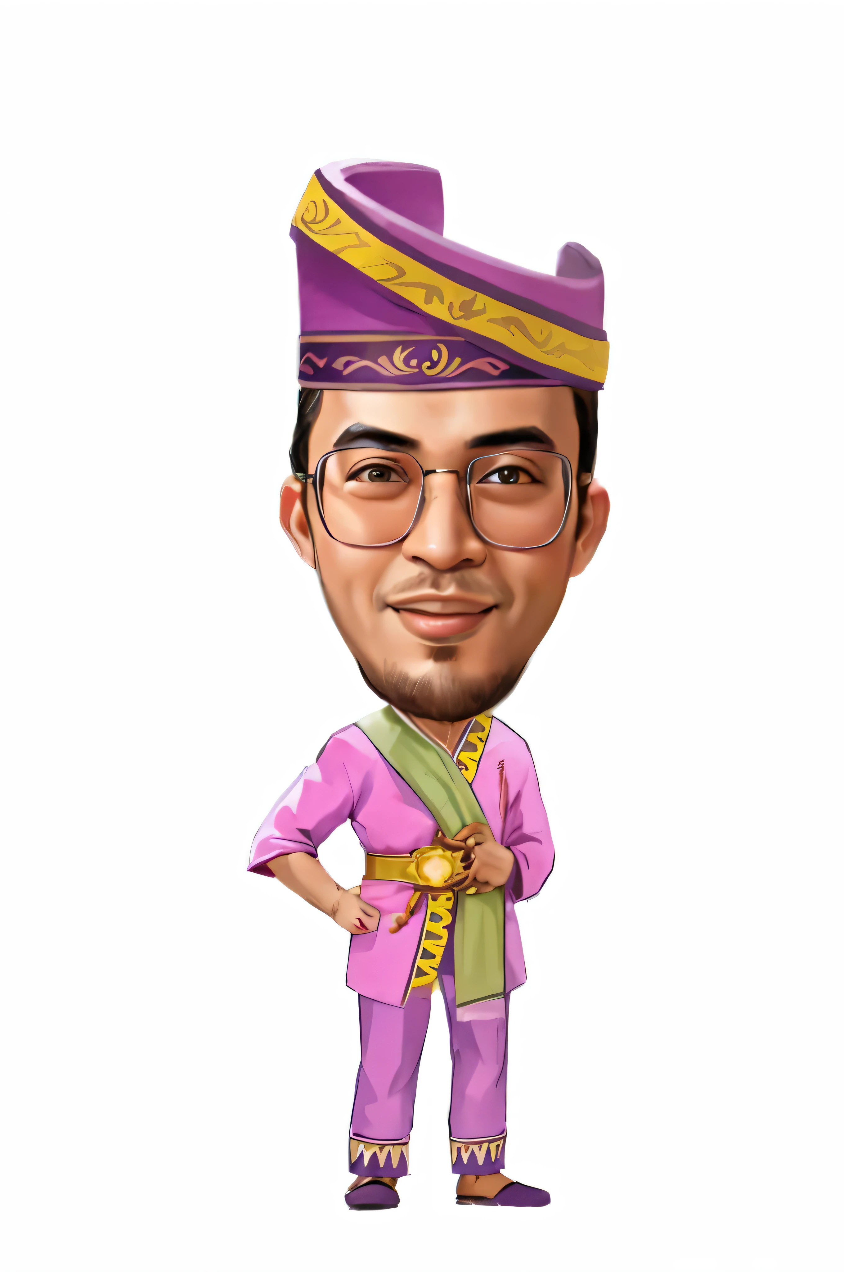 cartoon man in a purple outfit with a purple hat and glasses, emir, ismail, caricature illustration, mogul khan, inspired by Basuki Abdullah, 2d portrait, inspired by Altoon Sultan, potrait, high quality portrait, cartoon portrait, lowres, by Abidin Dino, caricature style, inspired by Abidin Dino, malaysian, nft portrait
