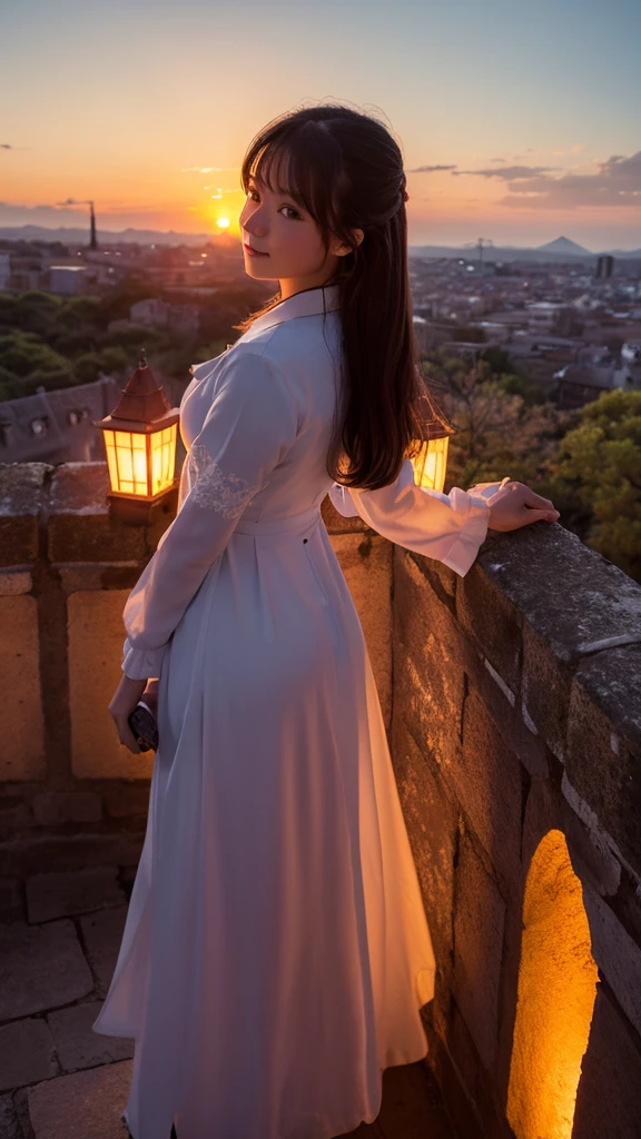 Sunset from the tower of an old castle Japanese girl in her 20s