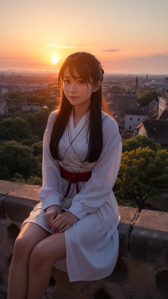 Sunset from the tower of an old castle Japanese girl in her 20s