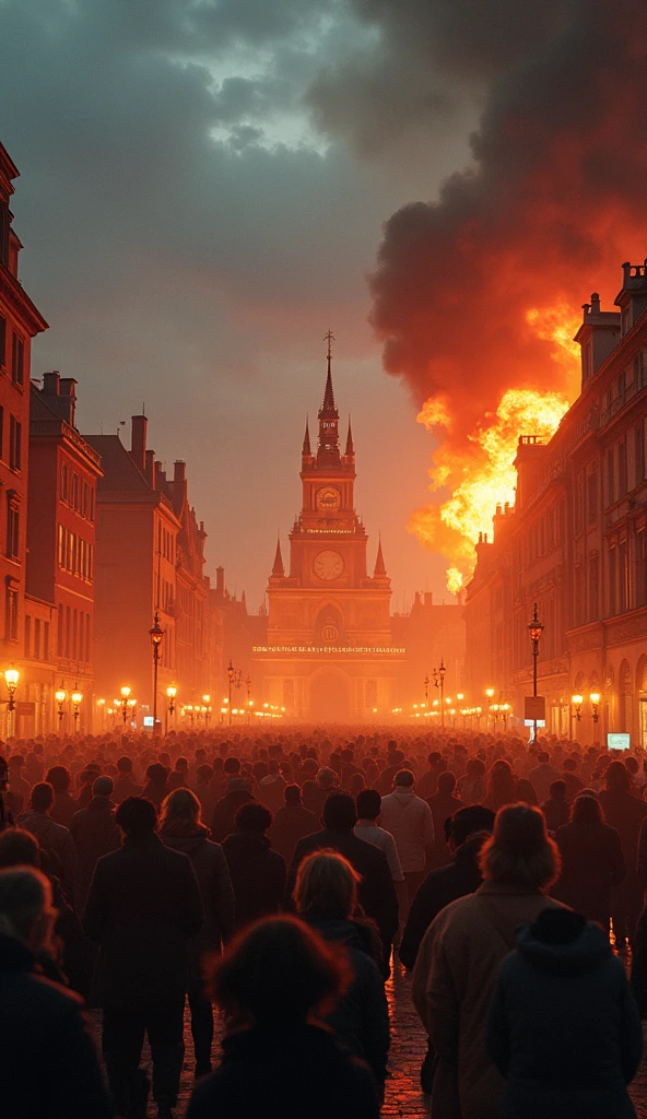 pov of crowded square set on fire and chaos

