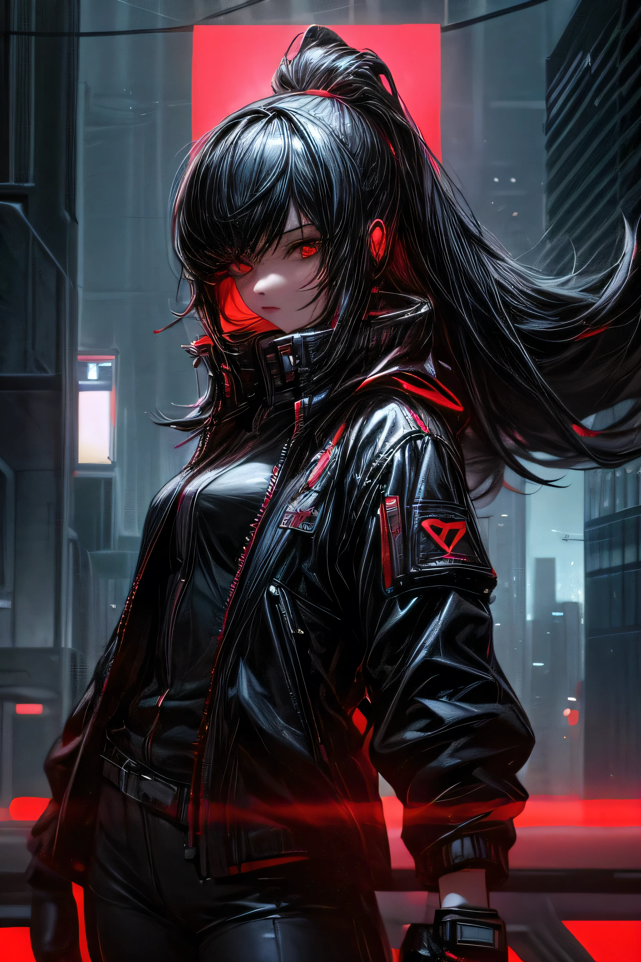 Cyberpunkwoman,black hair redmesh,cyberpunkcity,nightcity,1girlblackandred jacket