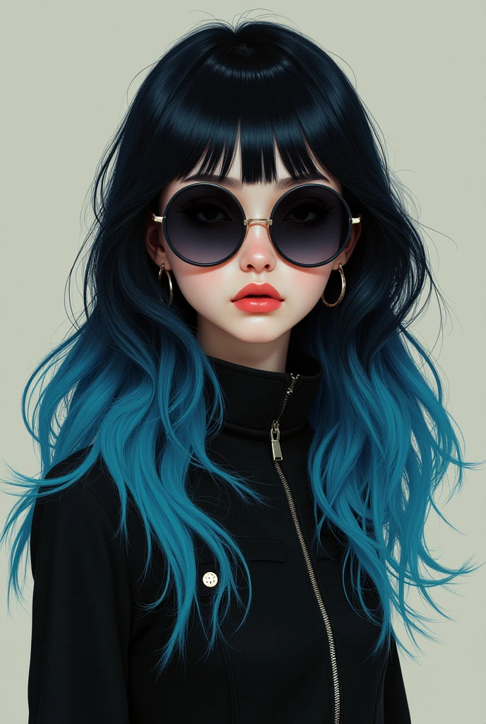 Wearing sunglasses, black and blue gradient hair, long hair, vintage clothing girl, Daisuke Richard style