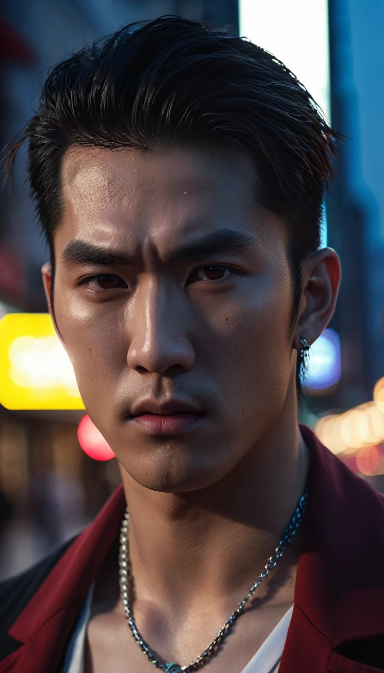 ((Close-up)), male vampire, half human, half beast, extremely handsome, 15 years old, muscular, tight, wearing a necklace, high ponytail, street scene, gangster style, romance, Hong Kong cinema. Eyes filled with sadness and longing. Cinematic light, high detail, 8k, artstation, artistic concept, any virtual darkness. Photo taken with Canon EOS R5 85mm f/11 camera, ((sharp)) mode. Image quality ((8K)), ((realistic)), ((masterpiece)), ((sharpest and highest contrast)), ((amazing depth of field)), ((stereoscopic light)), detailed pore defect, ((looking straight at the camera)), ((red hair)), ((red jacket))