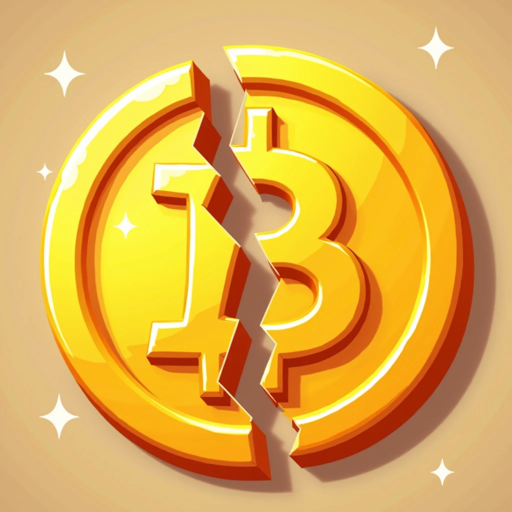 Create two versions of a Bitcoin symbol in the same playful, funky style as the 'Bitcoin Crush' logo. Use a consistent golden color scheme (#FFD700) with subtle highlights and shading for depth, but keep the design bold and fun.

The first Bitcoin should be whole, featuring a simple, stylized 'B' logo in the center. It should have a slightly glossy, cartoonish appearance with smooth edges, fitting the lighthearted, game-like aesthetic.

The second Bitcoin should be the same as the first but cracked down the center, with both halves slightly separated. The crack should be bold and clear, with an exaggerated, comic-like effect, as if the coin has been split with force. Ensure the cracked version retains the same golden color and playful style, with consistent shading and highlights to match the whole coin.

Both coins should have transparent backgrounds and be in a high resolution suitable for use in game design, ensuring they can be placed seamlessly in various game environments.