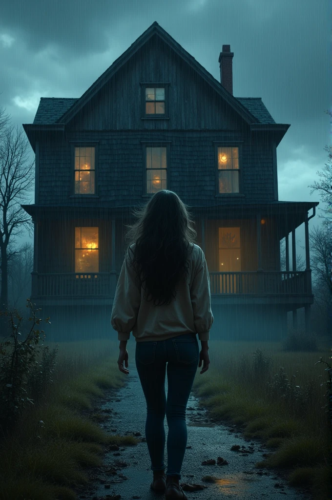 Lily arriving at the house: Show her standing in front of the old, creaky house on a stormy evening.