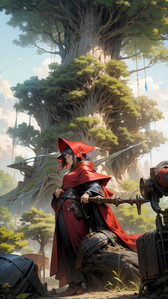 Fantasy world. Colorful and sunny day. We see a Big tree that sprouted from an old rusty combat robot. In front of the tree sits a silhouette of a young sorceress in a red robe with a staff
