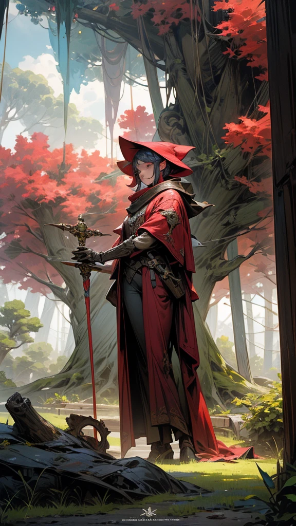 Fantasy world. Colorful and sunny day. We see a Big tree that sprouted from an old rusty combat robot. In front of the tree sits a silhouette of a young sorceress in a red robe with a staff