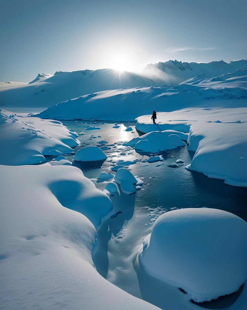 On the Snowy River，Rocks covered with snow，A person walks on it, beautiful Snow Scene, Arctic snowy environment, Snow Scene, Surreal frozen landscape, icy landscape, frozen river, On the snowy mountain, Beautiful winter area, In the icy river, Snow Scene, Snow, Cold but beautiful, Max Reeve, Amazing skiing, Glorious Polar Landscape, cold blue colors