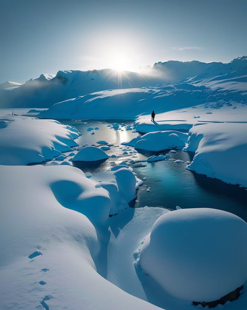 On the Snowy River，Rocks covered with snow，A person walks on it, beautiful Snow Scene, Arctic snowy environment, Snow Scene, Surreal frozen landscape, icy landscape, frozen river, On the snowy mountain, Beautiful winter area, In the icy river, Snow Scene, Snow, Cold but beautiful, Max Reeve, Amazing skiing, Glorious Polar Landscape, cold blue colors