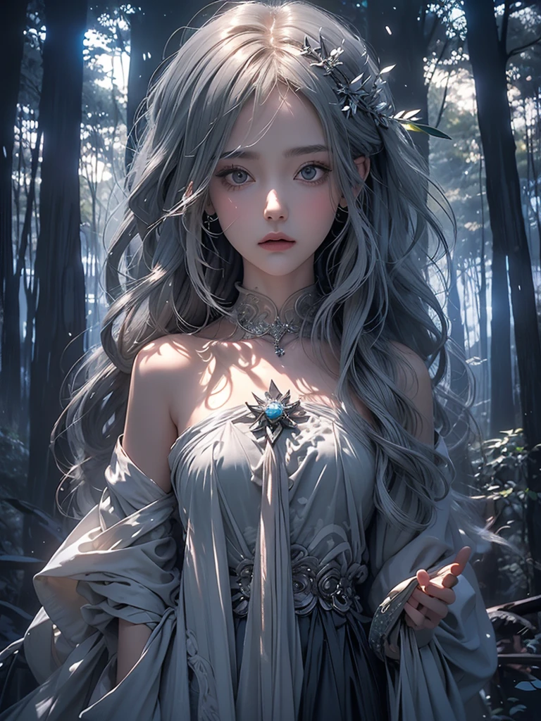 Beautiful girl in a transparent gray robe standing in a dark forest, Magnificent style, Octane Rendering, Desert Composition, Beautiful Face, Detailed face, Surreal, Oil on canvas, Awards, artwork, Art Station Trends, Studio Ghibli, Close-up of a girl
