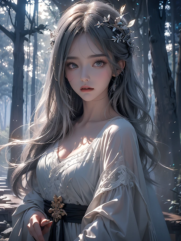 Beautiful girl in a transparent gray robe standing in a dark forest, Magnificent style, Octane Rendering, Desert Composition, Beautiful Face, Detailed face, Surreal, Oil on canvas, Awards, artwork, Art Station Trends, Studio Ghibli, Close-up of a girl