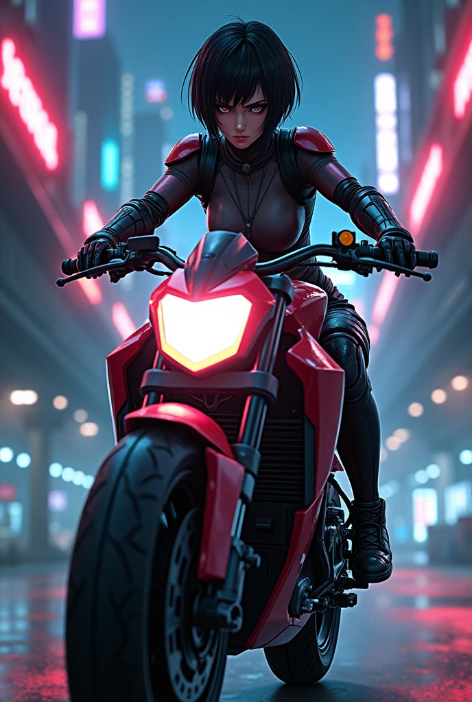 motoko driving a motorcycle in anime style facing the camera, closer look