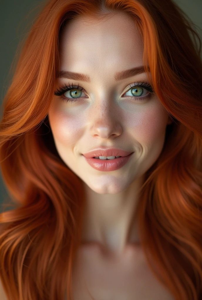 Imagine a woman with a face that exudes a striking and captivating beauty. Her eyes are a vivid, enchanting green, like emeralds glistening in the sunlight, with a depth that draws you in. They are framed by long, dark lashes that accentuate their brilliance. Her skin is porcelain-like, with a soft, flawless complexion that gives her an ethereal, almost delicate appearance. Her hair is a rich, fiery red, cascading down in soft, loose waves that catch the light and seem to shimmer with every movement. The red tones contrast beautifully with her fair skin and make her green eyes stand out even more. Her eyebrows are perfectly arched, matching the hue of her hair, and add a sense of balance and symmetry to her face. Her lips are full and naturally rosy, curving into a gentle, inviting smile that radiates warmth and kindness. Her cheekbones are high and well-defined, adding a sense of structure and elegance to her face. The overall effect is one of stunning, timeless beauty, a face that you would remember and admire long after seeing it.r, ( green eyes , skin matches the hair )
