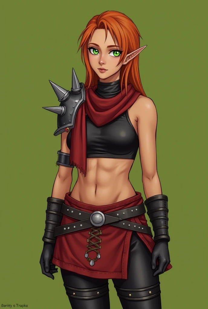 1girl, solo, blood elf, tan skin, long hair, orange hair, green eyes, glowing eyes, short hair, side shave, messy hair, swept bangs, Black halter top, brown laces, red scarf, single spiked shoulderpad, black armbands, studdled leather gloves, iron armor belt, black leather pants, red half-kilt, iron waist armor, Black boots brown laces, breasts, simple background, green background