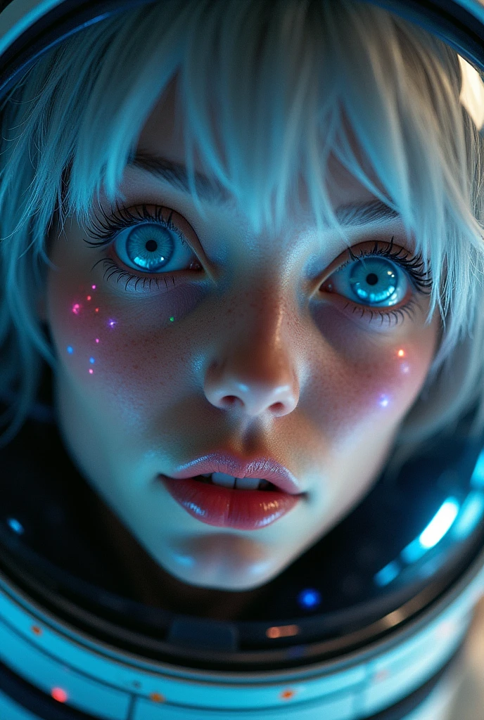 (Close-up of a better masterpiece:1.5)0.9], (Space and astronauts:1.2) (Messy silver hair:1.1) (Heterochromia xanthochromia and blue eyes:1.2) (Space Helmet:1.0) (Colored stars in the eyes:1.0) (A radiant glow:1.1) (thick lips:0.9)