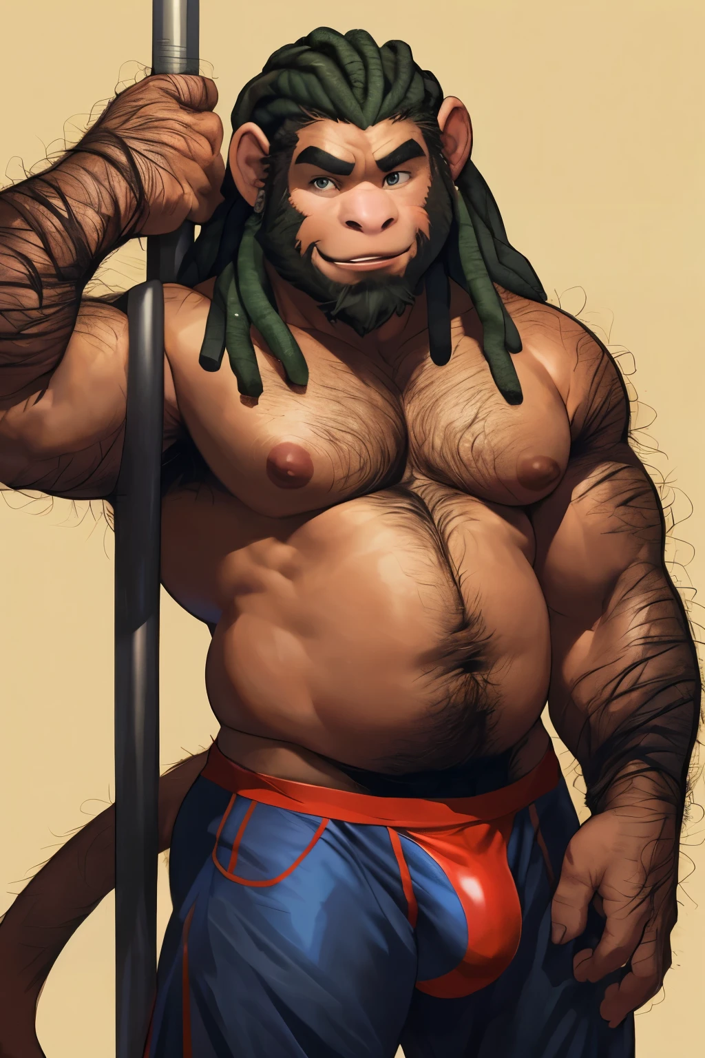 SemiMuscular, male middle aged, belly, (anthro monkey:1.3), thin beard, dark brown skin,((hairy torso, hairy arms,):1.5), hairy belly, pole dancing:1.2, dynamic light, shirtless, dreadlocks, brown and green hair and beard, harem pants, bulge, extremely hot and sexy, Daddy figure, hot daddy, by darkgem, by zixiong, by glitter trap boy