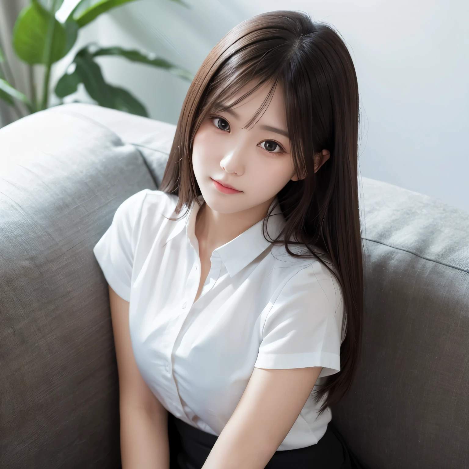 Short sleeved white shirt,Black Skirt,cute,long hair,Sitting on the couch,Light in the eyes,Ultra-high resolution,Soft Light,Face Focus,Light in the eyes,Beautiful face in every detail,looking at the camera
