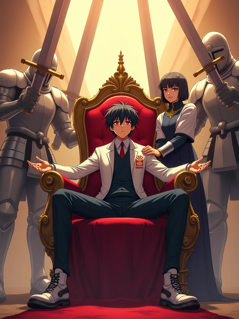 A boy slouching back on the throne with wide spread legs and sitting like a king and with an arrogant attitude he has black hair and red glowing eyes wearing a school uniform and a white blazer with logo and a mature queen stands next to him touching his shoulder as the center piece, Giant full armoured dead knights surrounds the throne and raise their giant swords above the throne and connecting, dreamy and ethereal, golden hour,animaginexl 3.1 model,anime style,HD resolution,4k definition,