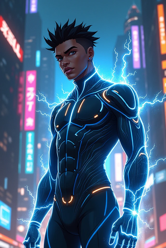 Electrical feedback as a male anime character, African skin, cyberpunk dressing.