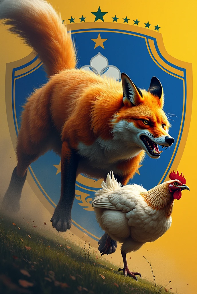 Create a big, terrifying Fox chasing a chicken. In the background you place the Cruzeiro Esporte Clube shield, Brazilian team, which is in Minas Gerais, and 6 Brazilian Cups