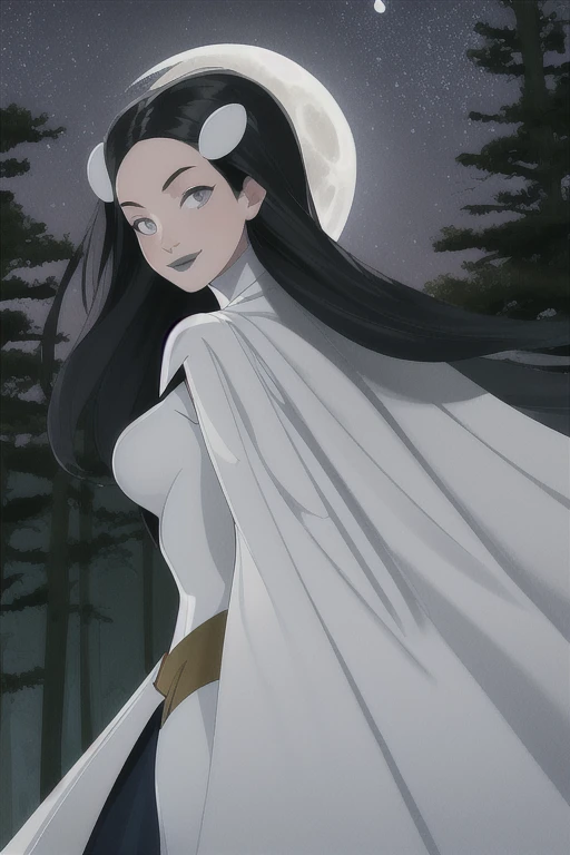 Tinya Wazzo, solo,black hair, long hair. grey eyes, smile, grey lips, white cape, best quality, masterpiece, 1girl, Masterpiece, Best Quality, Detail, forest, night, moon, from Behind, From Below, cape in front, 