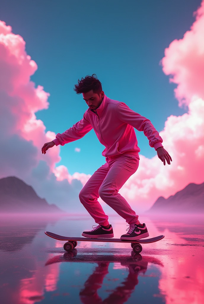 Image of a young man skating in the 80s in purple vaporwave style but without showing his face