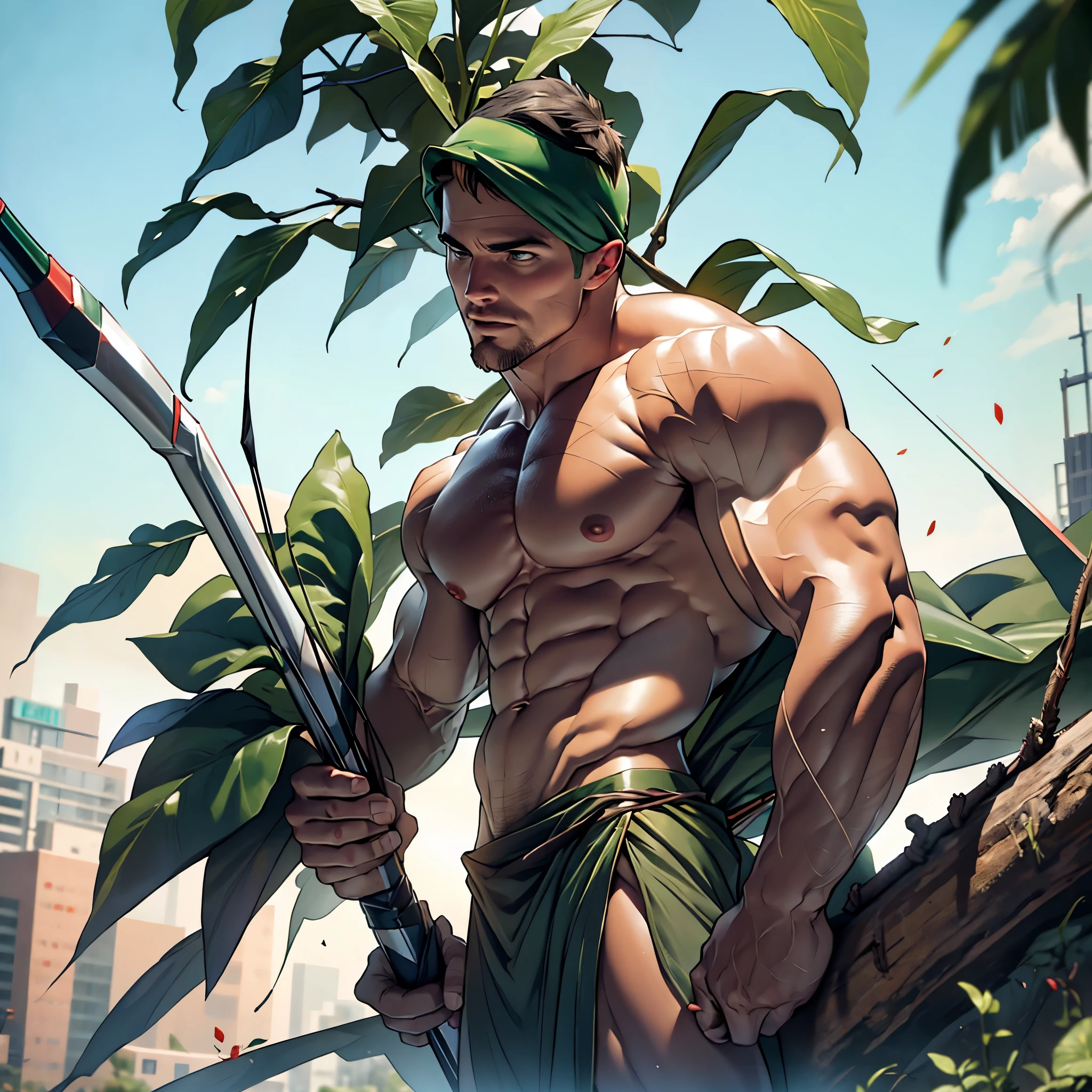 Nsfw , naked,32k, high quality , detailed face , detailed fingers ,detailed muscles, (((stephen AMELL))) as green arrow , totally naked , no cloth, showing balls and a hard cock, , showing a dark blond short hair , a well groomed facial hair , hard nipples, ,hunk and handsome, shooting with his bow and arrow toward the enemy , with the quiver on his back full of arrows on the roof , spread legs
