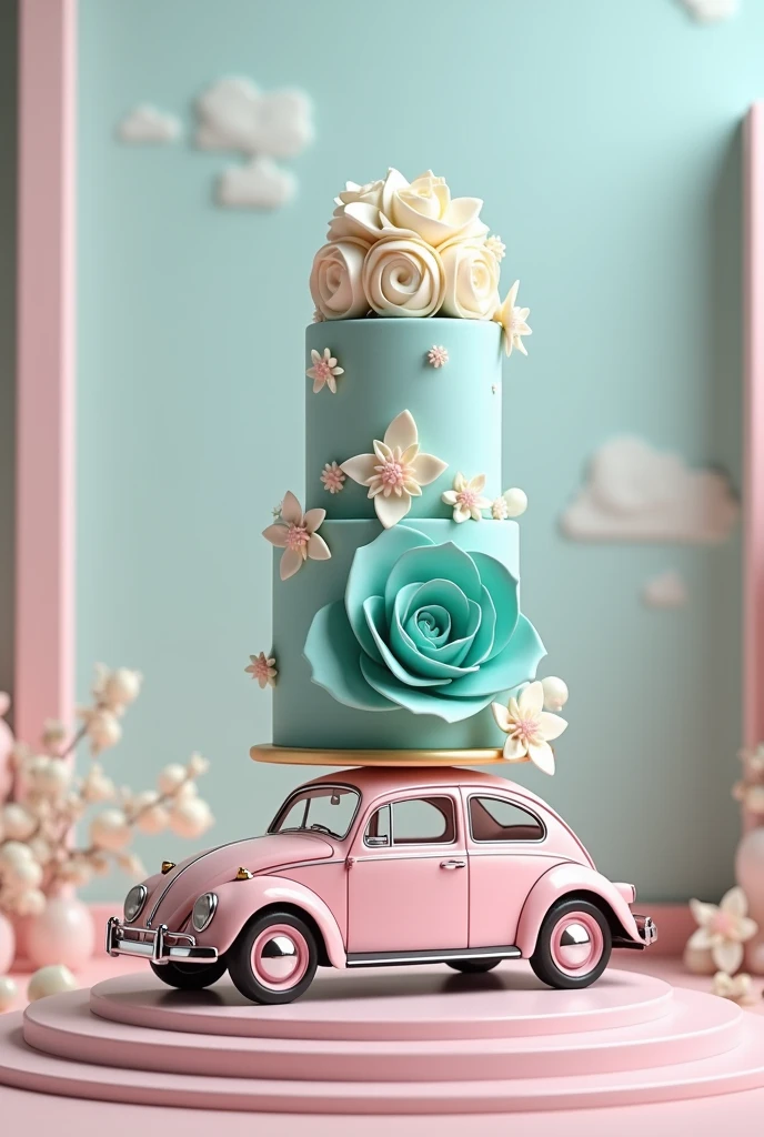 Fascinating, Exquisite details, best quality，masterpiece，Rich details，Symbolizes unlimited creativity and imagination. Surreal work，A light pink mini vintage beetle car，车顶上放着一个巨大的蒂芙尼蓝色的Creativity甜品，The top layer of the dessert is decorated with a layer of ribbon flowers and a beautiful bow-shaped white cream.，The middle layer of the macaron is a rose flower shape made of multiple layers of white cream.，Clean background wallpaper，Full of advanced、Luxury Elegance，Creativity