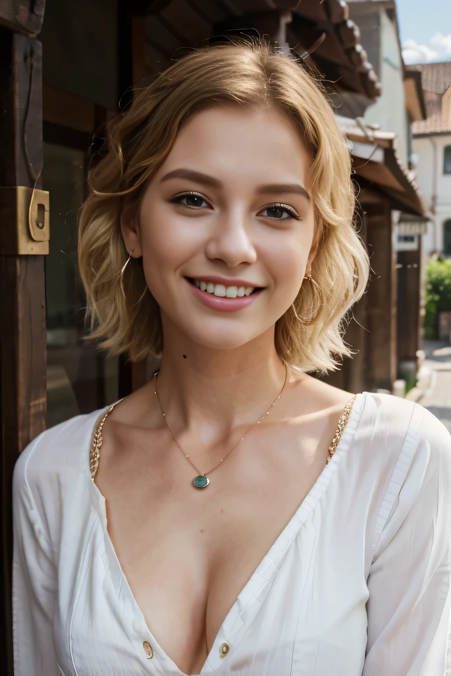 High resolution, 8k wallpaper, Beautiful Caucasian Woman、, blouse、Necklace around the neck、 Blonde 、Short Haircut、Wavy Hair、、 、ear piercing、smile、Beautiful teeth alignment、The background is the town
