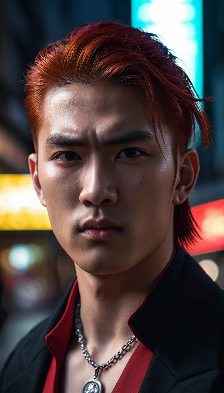 ((Close-up)), male vampire, half human, half beast, extremely handsome, (((red hair))), 15 years old, muscular, tight, wearing a necklace, high ponytail, street scene, gangster style, romance, Hong Kong cinema. Eyes filled with sadness and longing. Cinematic light, high detail, 8k, artstation, artistic concept, any virtual darkness. Photo taken with Canon EOS R5 85mm f/11 camera, ((sharp)) mode. Image quality ((8K)), ((realistic)), ((masterpiece)), ((sharpest and highest contrast)), ((amazing depth of field)), ((stereoscopic light)), detailed pore defect, ((looking straight at the camera)), (((red hair))), ((red jacket))