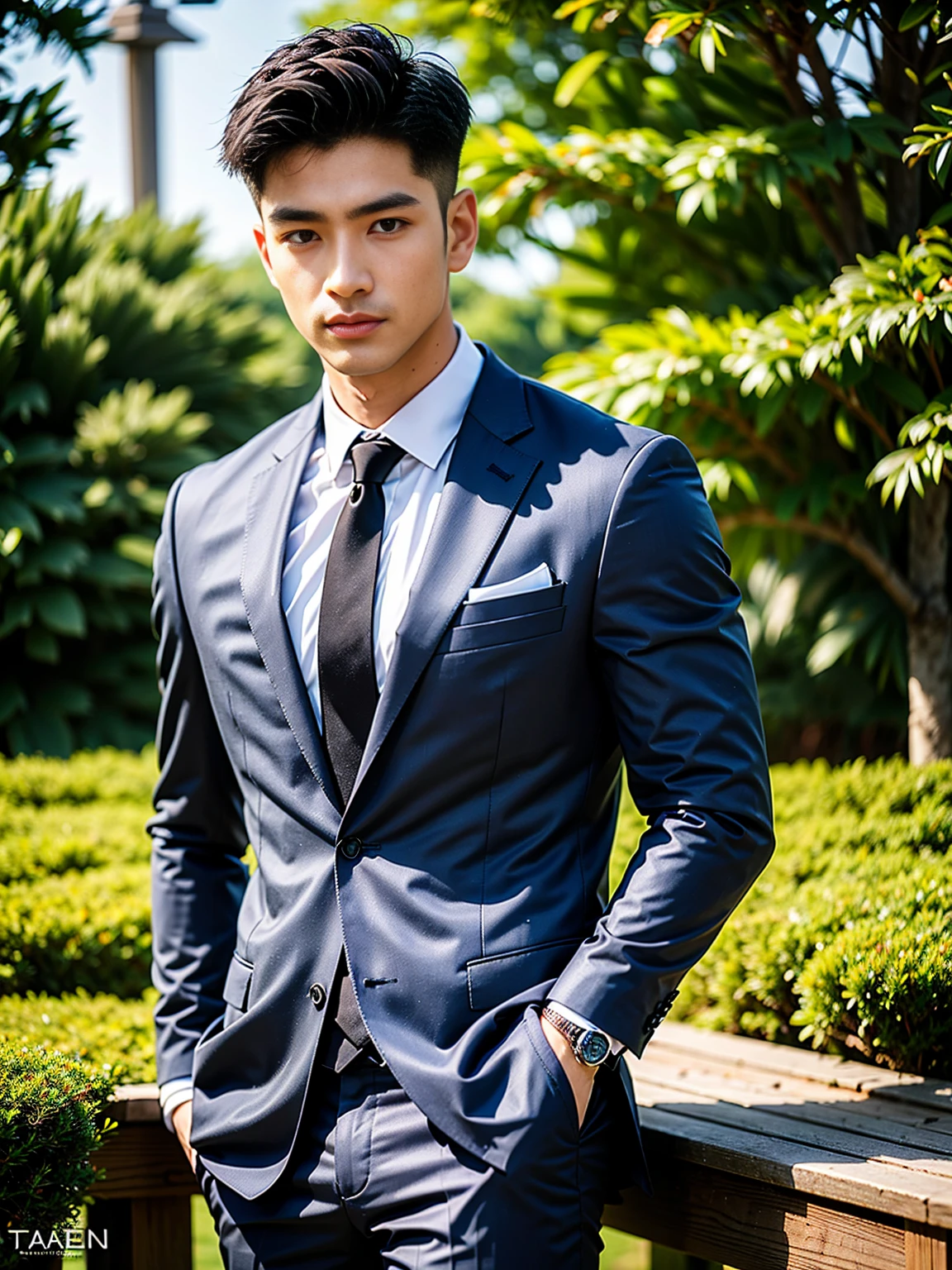 masterpiece, bestquality, High Quality, extremely detailed cg unity 8k wallpaper, Depth of Field, HDR,,photorealistic portrait,Very detailed, 1 man, ASİAN, Short black hair (wearing a gray suit), Pectoral muscles, Big arm muscles, blood vessel, Big muscles, Wide shoulders, looking at the audience, balance eyes, (eye contact)，Perfect hand details